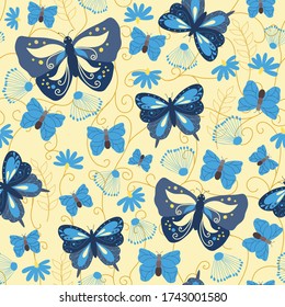 Seamless natural pattern, abstract flowers, leaf, blue butterfly, yellow background. Hand drawing. Design for textiles, wallpapers, printed products. Vector illustration