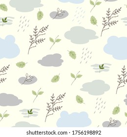 Seamless natural pattern, abstract  leaf, plants, clouds, rain, beige background. Hand drawing. Design for textiles, wallpapers, printed products. Vector illustration