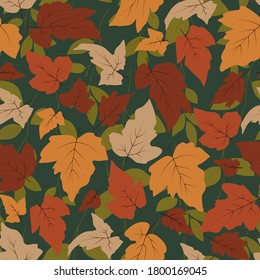 Seamless natural pattern, abstract leaf, dark green  background. Autumn leaf. Hand drawing. Design for textiles, wallpapers, printed products. Vector illustration