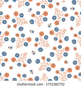 Seamless natural pattern, abstract plants, bugs, white background. Hand drawing. Design for textiles, wallpapers, printed products. Vector illustration