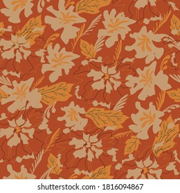 Seamless natural pattern, abstract plants and flowers, red  background. Hand drawing. Design for textiles, wallpapers, printed products. Vector illustration