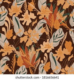 Seamless natural pattern, abstract plants and flowers, dark brown  background. Hand drawing. Design for textiles, wallpapers, printed products. Vector illustration