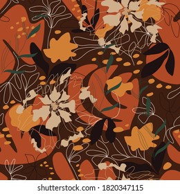 Seamless natural pattern, abstract plants and flowers, dark brown  background. Hand drawing. Design for textiles, wallpapers, printed products. Vector illustration