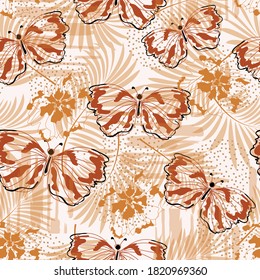 Seamless natural pattern, abstract plants and flowers, butterflies, white  background. Hand drawing. Design for textiles, wallpapers, printed products. Vector illustration