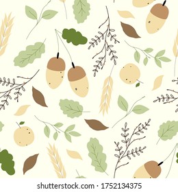 Seamless natural pattern, acorns, abstract plants, elements, beige background. Hand drawing. Design for textiles, wallpapers, printed products. Vector illustration