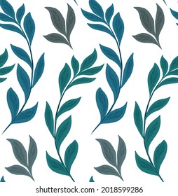 Seamless natural pattern with basil branches on a white background. Texture with hand drawn flat herbs. Fabric with simple branches and leaves. Wallpaper with mint