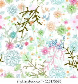 Seamless natural pattern with bird and flower, background, vector