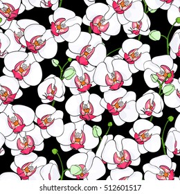 Seamless natural pattern of blooming white orchids with bright middle, on a black background. Phalaenopsis. Hand drawn vector illustration.