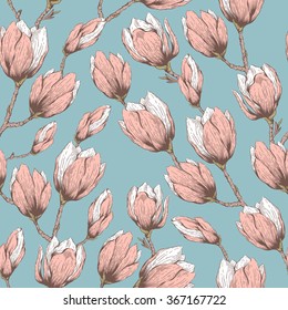 Seamless natural pattern with blossom garden flowers magnolia. Hand drawn vintage vector pattern.  Fabric, cloth design, wallpaper, wrapping paper, cards.