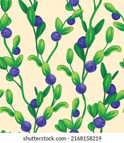 Seamless natural pattern, botanical print with blueberries on branches. Ecological trendy background design with blue berries, juicy green leaves on long stems. Vector illustration.
