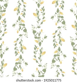 seamless natural pattern with branches and leaves, golden leaves on a white background