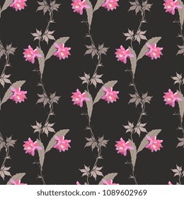 Seamless natural pattern with branches of virgin grapes, flowers and leaves of phyllocactus isolated on black background in vector. Print for fabric, wallpaper.