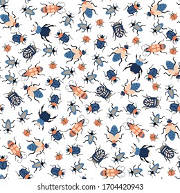 Seamless natural pattern, bugs, insects, insects a white background. Hand drawing. Design for textiles, wallpapers, printed products. Vector illustration