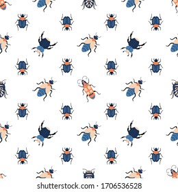 Seamless natural pattern, bugs, insects, insects a white background. Hand drawing. Design for textiles, wallpapers, printed products. Vector illustration