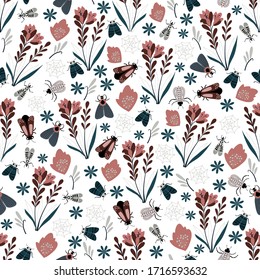 Seamless natural pattern, bugs, insects, insects a white background. Hand drawing. Design for textiles, wallpapers, printed products. Vector illustration
