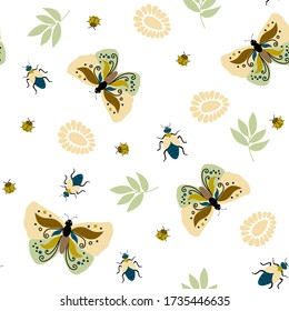 Patrón natural sin foco, mariposa, insectos, insectos, fondo blanco. Dibujo manual. Diseño para textiles, papel pintado, productos impresos. Ilustración del vector