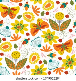 Seamless natural pattern, butterfly, bugs, insects, insects a white background. Hand drawing. Design for textiles, wallpapers, printed products. Vector illustration
