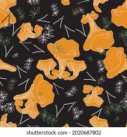 seamless  natural pattern with chanterelle mushrooms and moss, vector design for paper, fabric and other surface