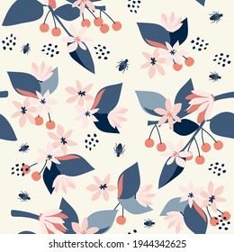 Seamless natural pattern, cherry, flowers, fetus and green leaf, white  background. Hand drawing. Design for textiles, wallpapers, printed products. Vector illustration