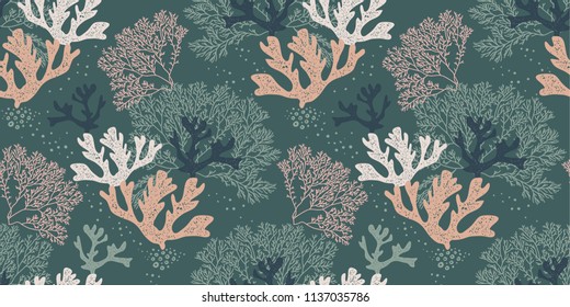 Seamless natural pattern with corals and algae on a blue background for printing, fabric, textile, manufacturing, wallpapers.Vector illustration