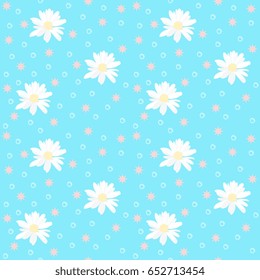 Seamless natural pattern with daisy flowers and stars on sunny blue background.