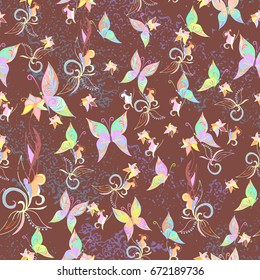 Seamless natural pattern with different butterflies. Brown background. Vector print.