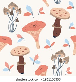 Seamless natural pattern, drawing of a forest mushrooms, plants, toadstool, brown, blue  color, design on white background. Vector illustration, botanical elements, style of minimalist, hand drawn. 