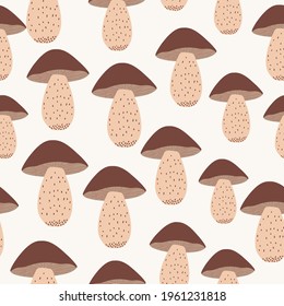 Seamless natural pattern, drawing of a forest mushrooms,  brown  color, design on white background. Vector, botanical elements, style minimalist, hand drawn, packaging, wallpaper, design for textile