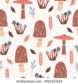 Seamless natural pattern, drawing of a forest mushrooms, toadstool, plants, brown, blue color, design on white background. Vector illustration, botanical elements, style of minimalist, hand drawn. 