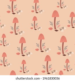 Seamless natural pattern, drawing of a forest mushrooms, plants, toadstool, brown  color, design on beige background. Vector illustration, botanical elements, style of minimalist, hand drawn. 