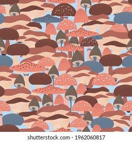 Seamless natural pattern, drawing of a forest mushrooms, plants, chanterelles, brown  color, design on blue background. Vector illustration, botanical elements, style of minimalist, hand drawn. 