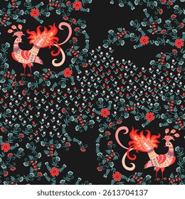 Seamless natural pattern with fairy birds and small flowers on a black background. Beautiful print for fabric in folk style. Ethnic motifs.
