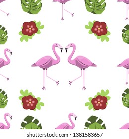 seamless natural pattern featuring pink flamingos,tropical bird illustration ,exotic leaves and flowers isolated on white background