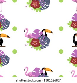 seamless natural pattern featuring pink Flamingo black Toucan,tropical bird illustration ,exotic leaves and flowers isolated on white background