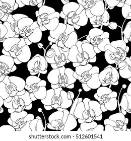 Seamless natural pattern of flowering orchids, painted black outline on a black background. Phalaenopsis. Hand drawn vector illustration.