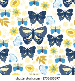 Seamless natural pattern, flowers, leaf, butterfly, insects, white background. Hand drawing. Design for textiles, wallpapers, printed products. Vector illustration