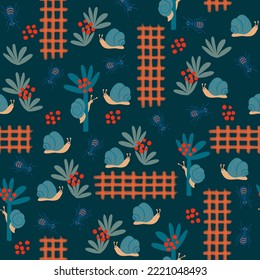 Seamless natural pattern, forest, abstract plants, snails, ants, insects, dark blue background. Vector, hand drawn. 