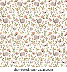 Seamless natural pattern, forest herbs, insects, berries, snail, butterfly, white background. Vector, hand drawn. 