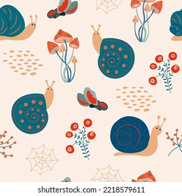 Seamless natural pattern, forest mushrooms, snails, insects, white background. Vector, hand drawn. 