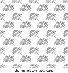 Seamless natural pattern. Graphic black and white clouds and rain drops, painted by hand.