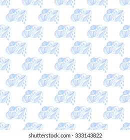 Seamless natural pattern. Graphic blue and white clouds and rain drops, painted by hand. 
Ornament for design background, wallpaper, packaging, fabrics, textiles and other.