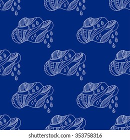 Seamless natural pattern. Graphic blue and white clouds and rain drops, painted by hand. Ornament for design background, wallpaper, packaging, fabrics, textiles and other.
