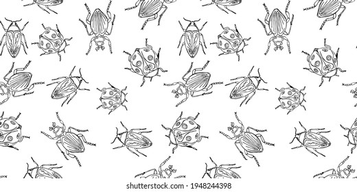 Seamless natural pattern, insects on a white background. Design of textiles, wallpaper, printing products. Vector illustration