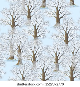 Seamless Natural Pattern, Landscape, Winter Forest, Trees with Brown Trunks and Branch and White Snow, Tile Background. Vector