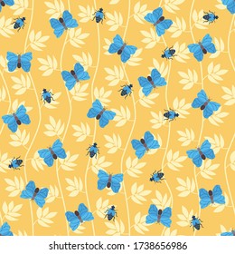 Seamless natural pattern, leaf, blue butterfly, insects, yellow background. Hand drawing. Design for textiles, wallpapers, printed products. Vector illustration