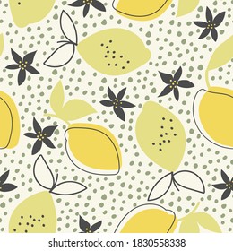 Seamless natural pattern, lemon, flowers and leaf, white  background. Hand drawing. Design for textiles, wallpapers, printed products. Vector illustration