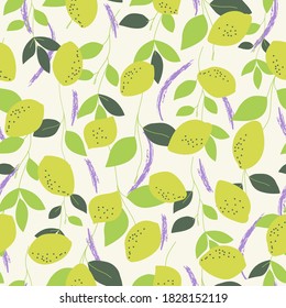 Seamless natural pattern, lemon and green leaf, white  background. Hand drawing. Design for textiles, wallpapers, printed products. Vector illustration