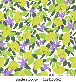 Seamless natural pattern, lemon and green leaf, lilac flowers, white  background. Hand drawing. Design for textiles, wallpapers, printed products. Vector illustration