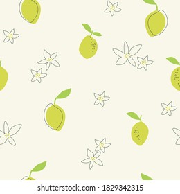 Seamless natural pattern, lemon and green leaf, white  background. Hand drawing. Design for textiles, wallpapers, printed products. Vector illustration