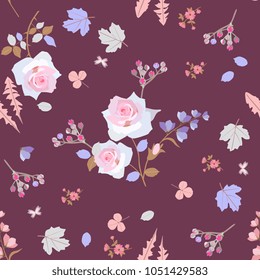 Seamless natural pattern with little bitterflies and bouquets of garden flowers isolated on brown background. Ditsy floral print for fabric with buds of spirea,leaves of clover, dandelion,  viburnum.